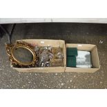 Box of glassware with quantity of Cambridge place mats and mirror