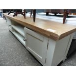 (198) Cream painted oak top large TV unit with 2 shelves and 2 single door cupboards, 180cm wide (