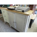 (14) Cream painted double door cabinet with oak top