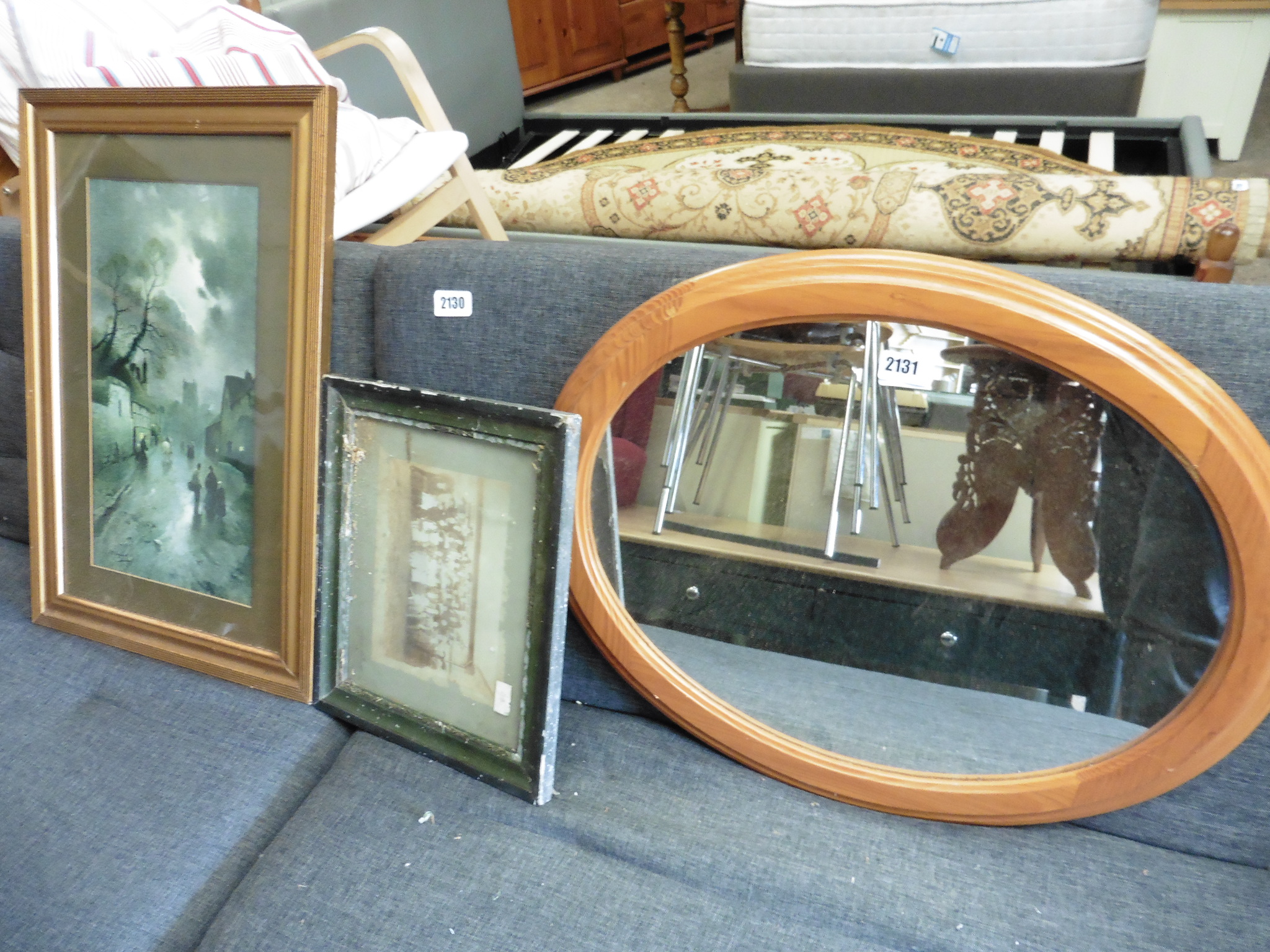 (2164) Oval framed mirror and 2 pictures