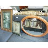 (2164) Oval framed mirror and 2 pictures