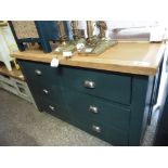 (11) Grey painted wide chest of 6 drawers with oak top