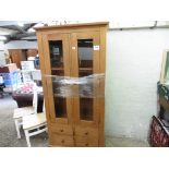 Oak double door display cabinet over 4 drawers