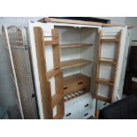 (7) White painted double door larder unit with wooden fitted interior, 3 drawers and oak top