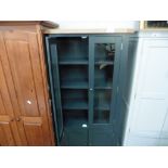 (11) Dark blue painted double door display cabinet with oak top and 2 cupboards under
