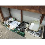 4 boxes of kitchenalia, saucepans, storage jars, scales, etc.