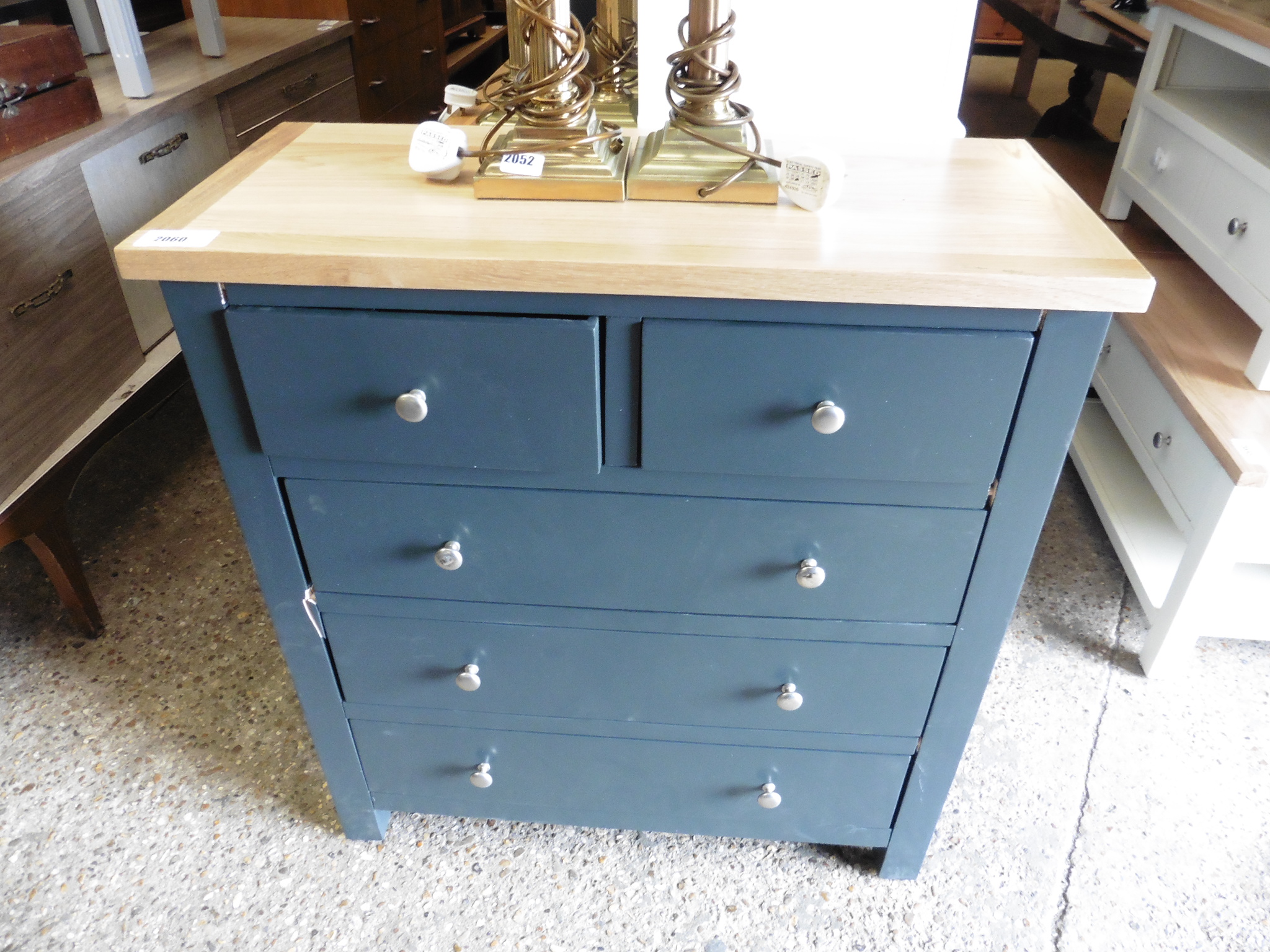 (14) Grey painted chest of 2 over 3 drawers with oak top