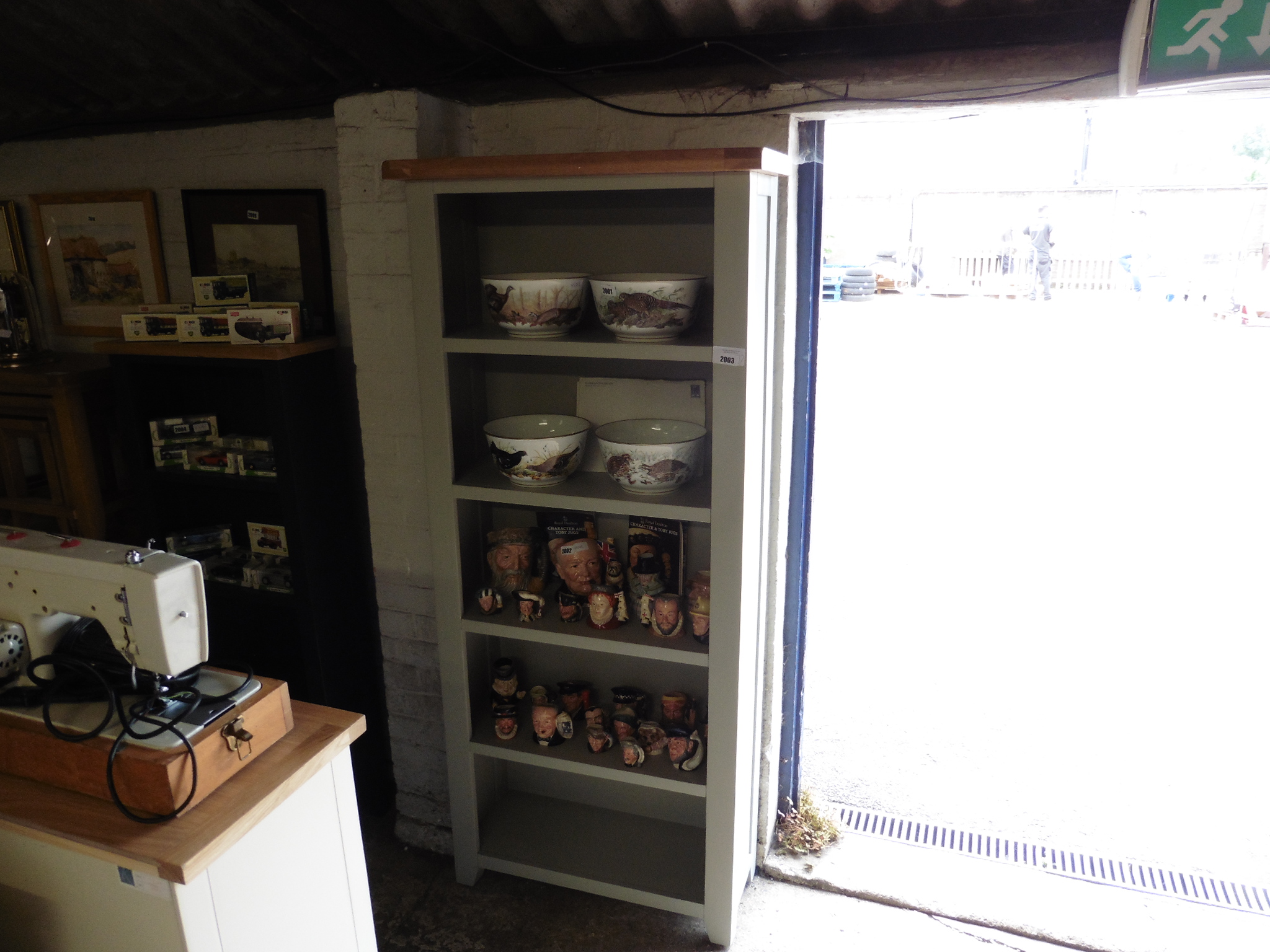 (7) Grey painted open bookcase with oak top