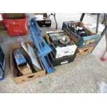 (28) 5 trays of hardware, car vacuum, radios, cables, etc.