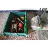 Box containing bottle jacks, trolley jack, green plastic jerry can and pair of jump leads