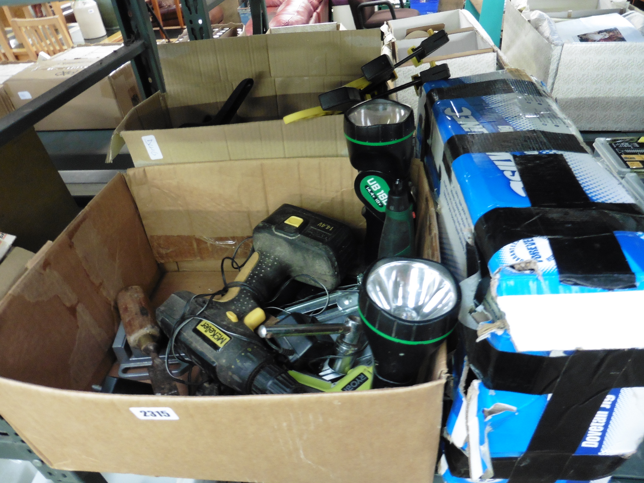 3 boxes of battery drills, torches, hand tools and dove tail jointing machine
