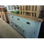 (5) Grey painted dresser with 3 drawers over 4 cupboards and oak top