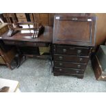 (2131) Mahogany finish fall front narrow bureau and matching side table with drawer