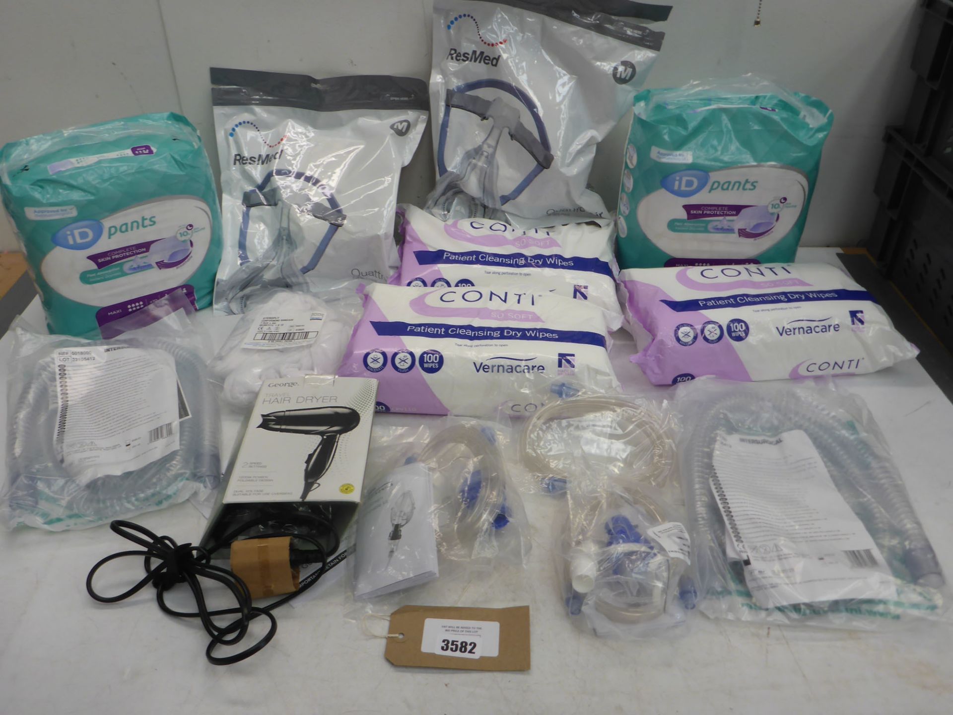 Side Stream disposable kits, Smoothbore tubes, ResMed Quattro Air face masks, Absorbancy pants,