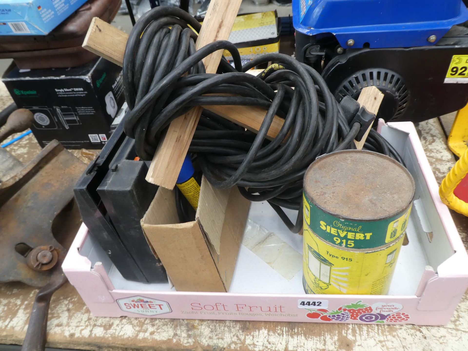 Box containing extension cable, lamp, arc spot gun and blow lamp