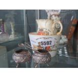 Commemorative bowl and jug plus pair of silver plated salts and 3 spoons