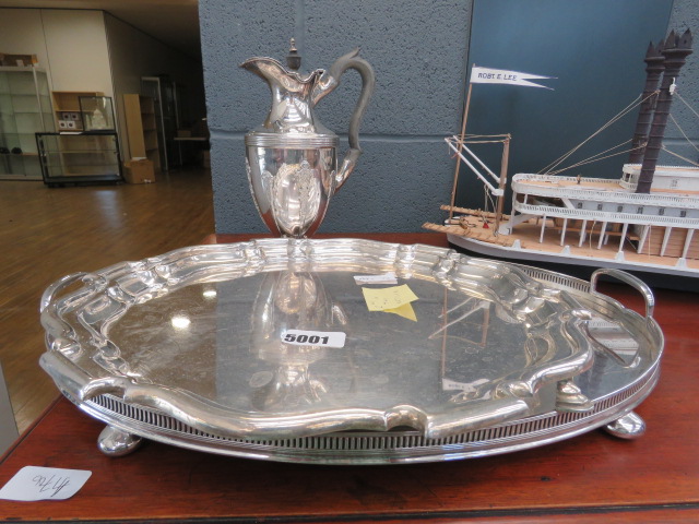 Silver plated salver, serving tray and a hot water jug