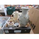 Box containing Denby crockery and floral patterned vase
