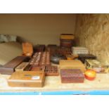 Cage of treen inc. lidded pots, boxes, games, jewellery box and a miniature coffer