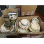2 boxes containing various crockery tins and enamelled bowls and plates