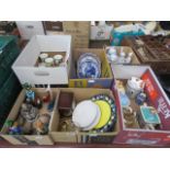 6 boxes containing Chinese ornamental figures, collectors plates, mugs, wade tortoise, carnival