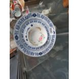 Blue and white Chinese plate (af) plus pair of rose patterned teacups
