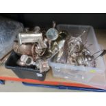 2 boxes containing large quantity of silver plate inc. spirit kettle, candlesticks, bowls, hot water