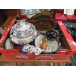 Box containing ornaments, large tureen, glassware and a teapot