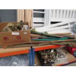 Box containing fishing reels and tackle plus quantity of course fishing rods and net