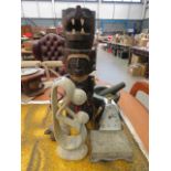 Pestle & mortar, Quartz clock, trinket box, carved wood figure, soap stone figure and figure of