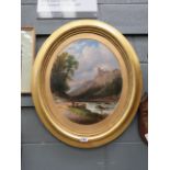 Oval framed oil on card of wood collectors, stream and ruined castle