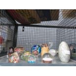 Cage of paperweights plus ornamental figures and glass basket