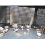 Cage containing medallions, silver plate inc, vesta, sugar tongs, sugar shaker, sugar bowl, milk jug