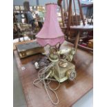 Onyx and brass finished table lamp plus a telephone