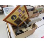 Box containing a Snow White wall hanging plus 3 brass eagles