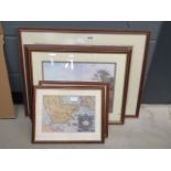 2 framed and glazed maps, 2 prints of rural scenes plus a print of a village street