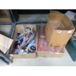 3 boxes containing decanters, wine glasses, carnival glass fish, paperweights and ornaments
