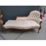 Victorian carved chaise lounge in cream floral fabric