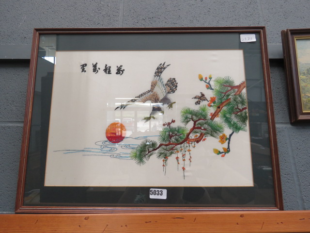 Chinese embroidery of a pine tree and hawk