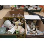 3 boxes containing glassware, capo di monte , commemorative ware, ornamental birds and crested ware