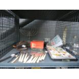 5514 Cage containing fish knife and fork sets, minerals, binoculars and wrist watches