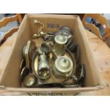 Beaten brass tray plus box of brassware inc. tea service, 5 branch candlestick, clock, miniature