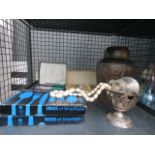 Cage containing cutlery sets, silver plate and a Chinese bowl