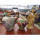 2 floral decorated pots plus pottery family group figure Fair condition, no damage. Height: 25cm