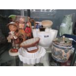 Quantity of jelly moulds, jugs, Royal Doulton Tobacco jar, jam jar and Humel figure