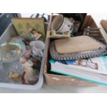 2 boxes containing glassware, various ornaments, antiques price guide, cheese board, serving tray,