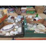 4 boxes containing Johnson Bros. and other crockery plus lidded tureen, decanter and glassware