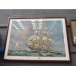 5267 - Framed and glazed print of sailing ships at sea