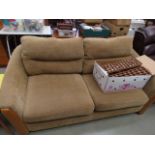 Ercol brown fabric 2 seater sofa with exposed frame