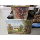 Oil on board of a Parisian scene plus an oil on canvas of a country scene with cottage and woodland